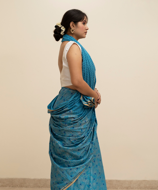 Summer blue blockprinted cotton mulmul saree