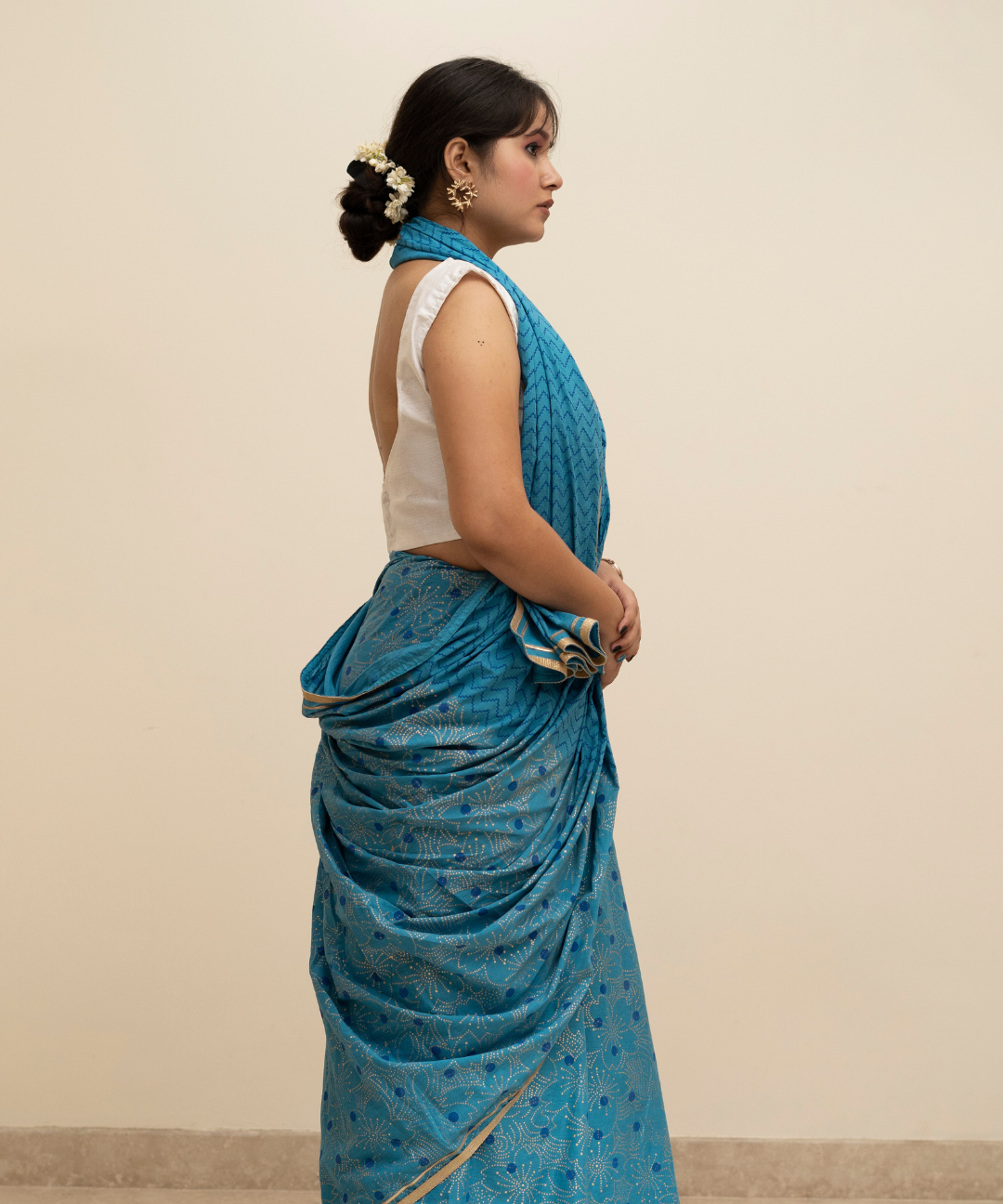 Summer blue blockprinted cotton mulmul saree