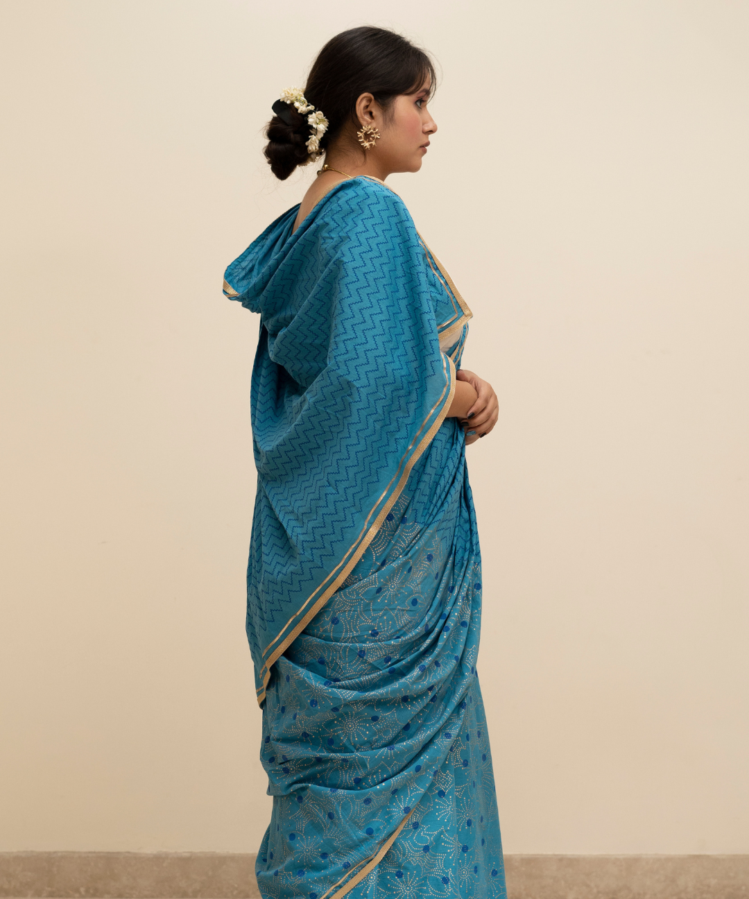 Summer blue blockprinted cotton mulmul saree