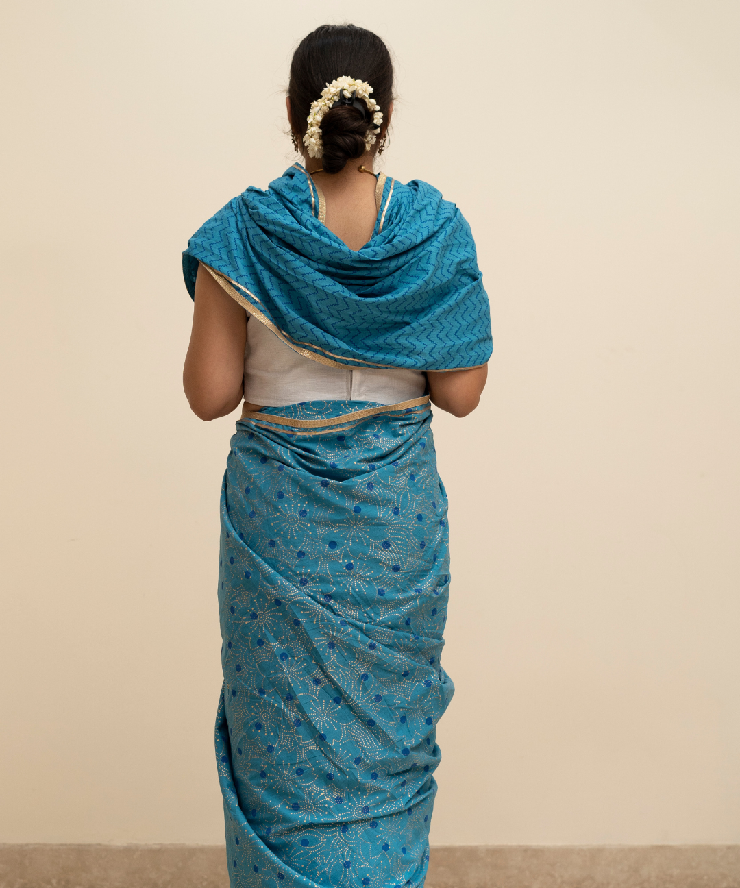 Summer blue blockprinted cotton mulmul saree