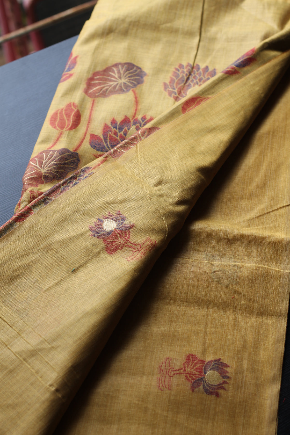 Yellow chanderi cotton lotus saree