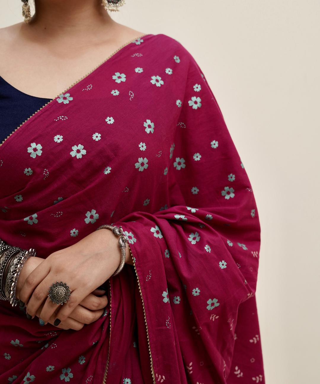 Wine blockprinted cotton mulmul saree