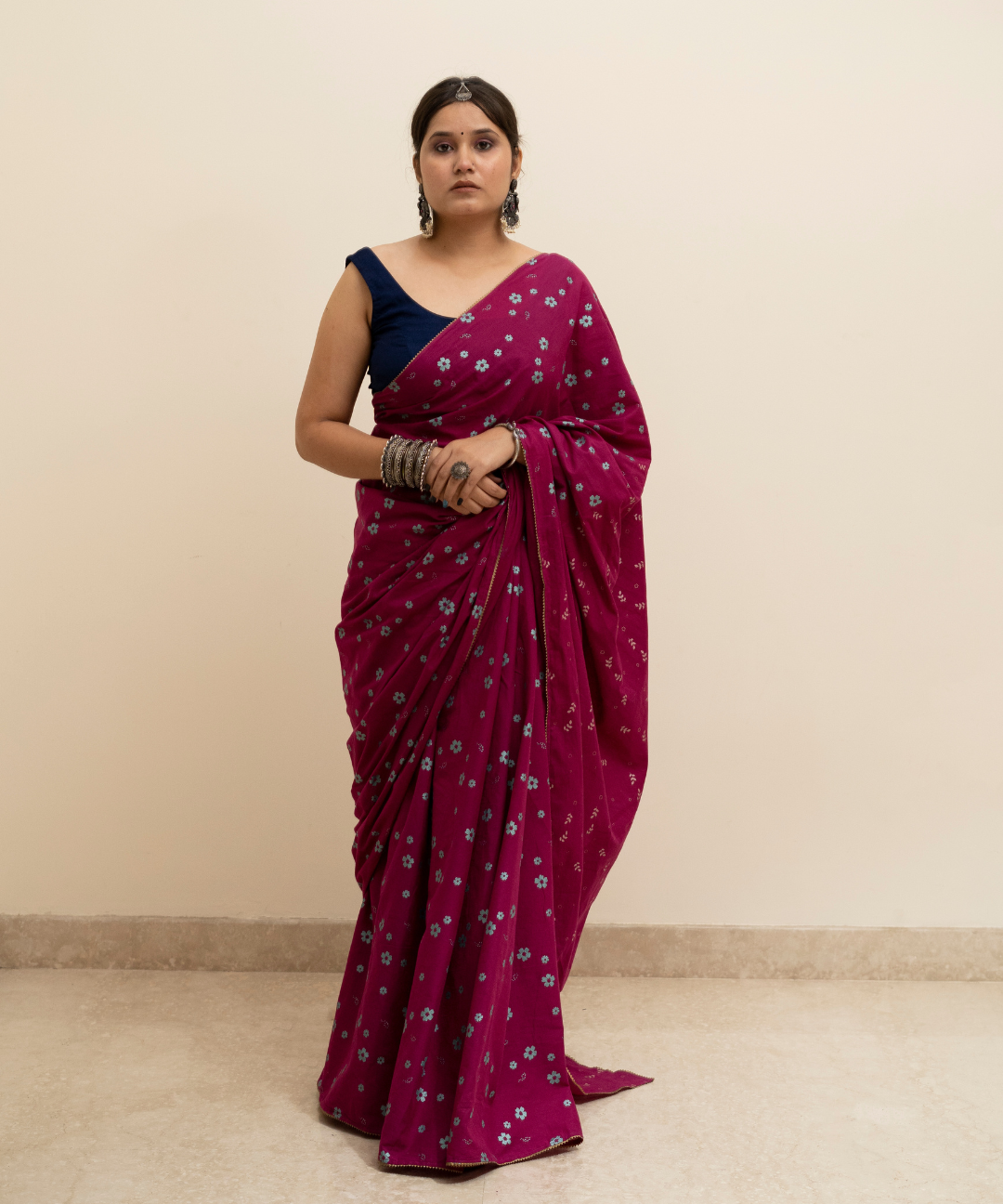 Wine blockprinted cotton mulmul saree