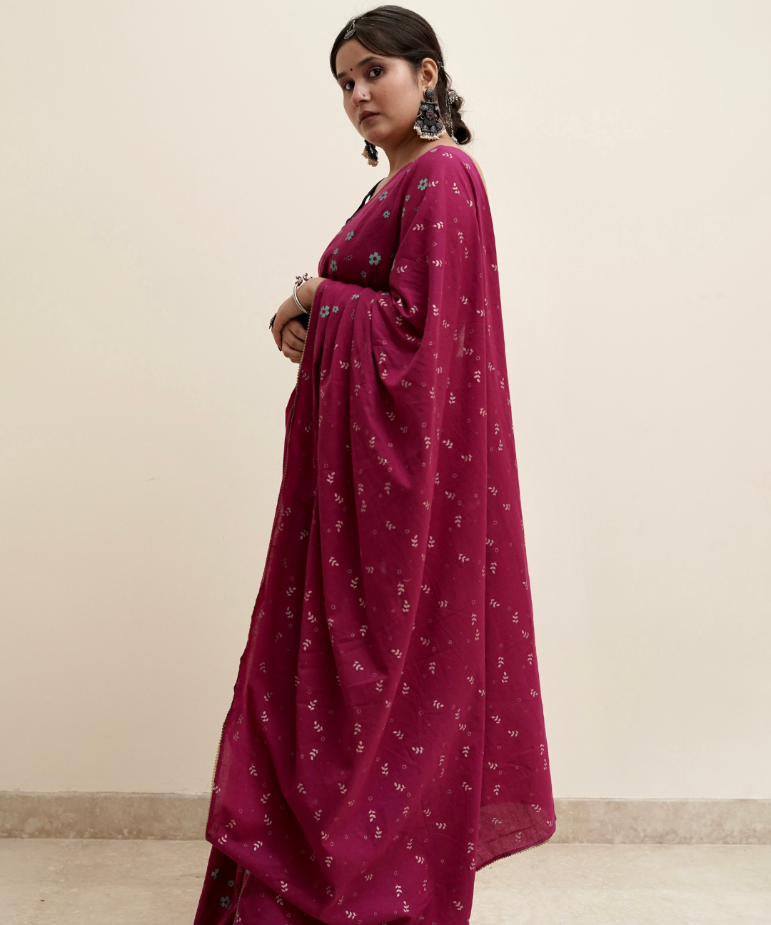 Wine blockprinted cotton mulmul saree
