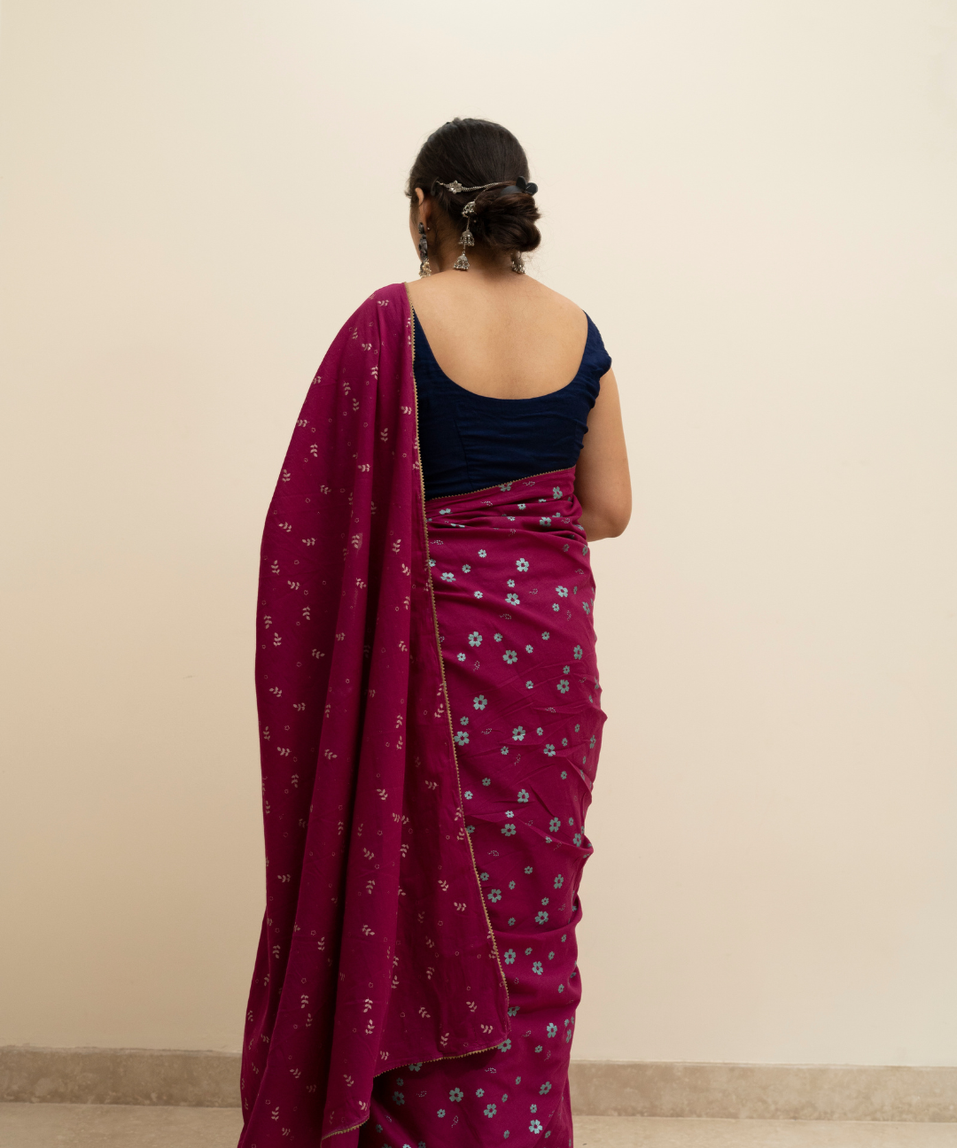 Wine blockprinted cotton mulmul saree