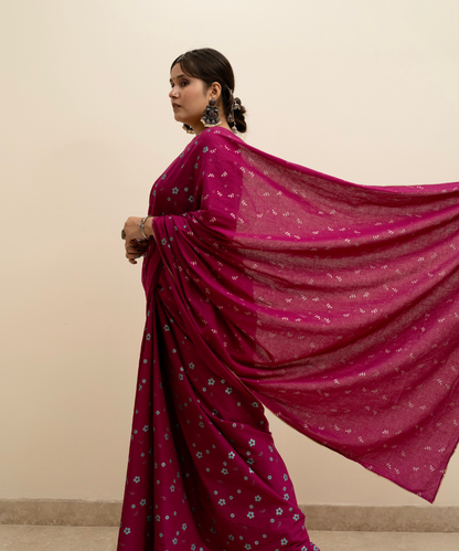 Wine blockprinted cotton mulmul saree