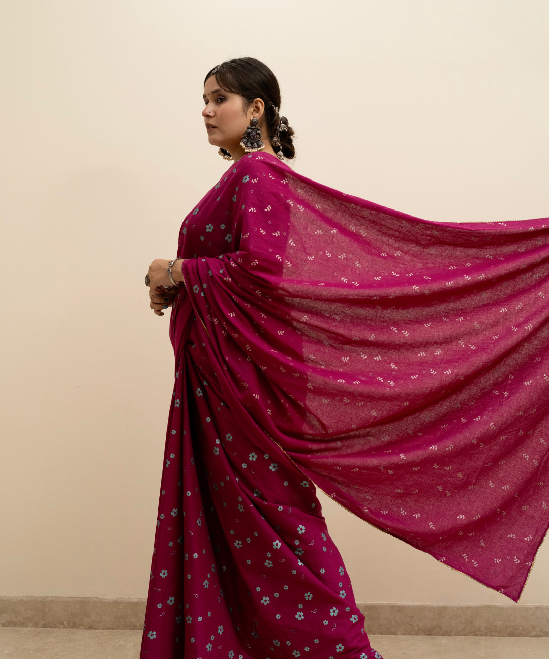 Wine blockprinted cotton mulmul saree