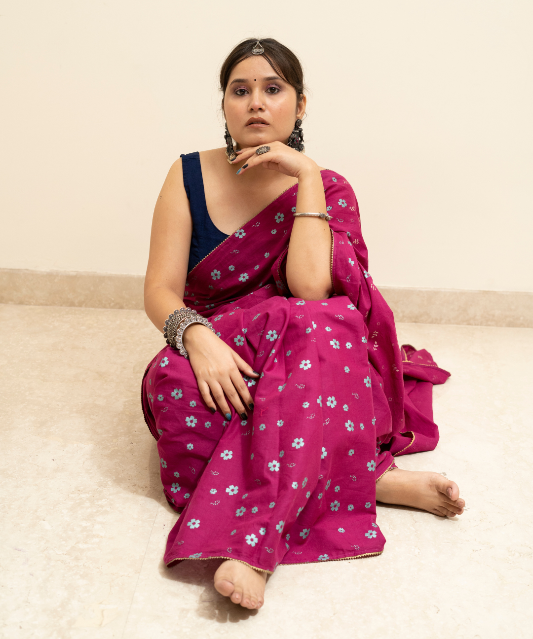 Wine blockprinted cotton mulmul saree