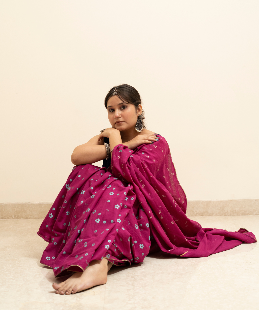 Wine blockprinted cotton mulmul saree