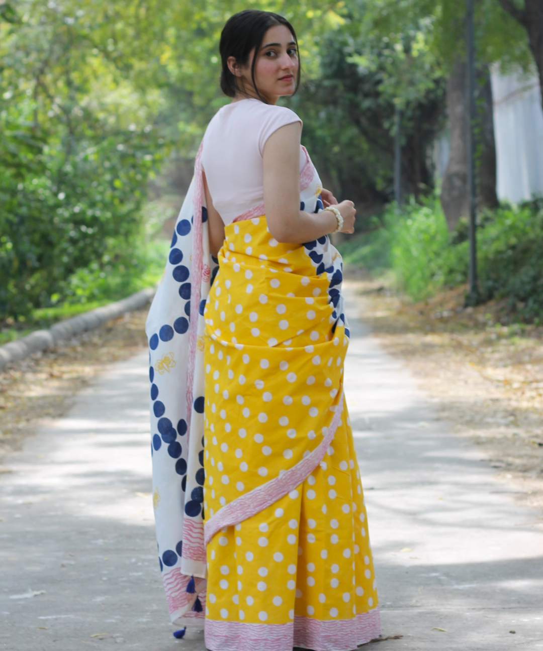 White yellow summer dream block printed mulmul saree