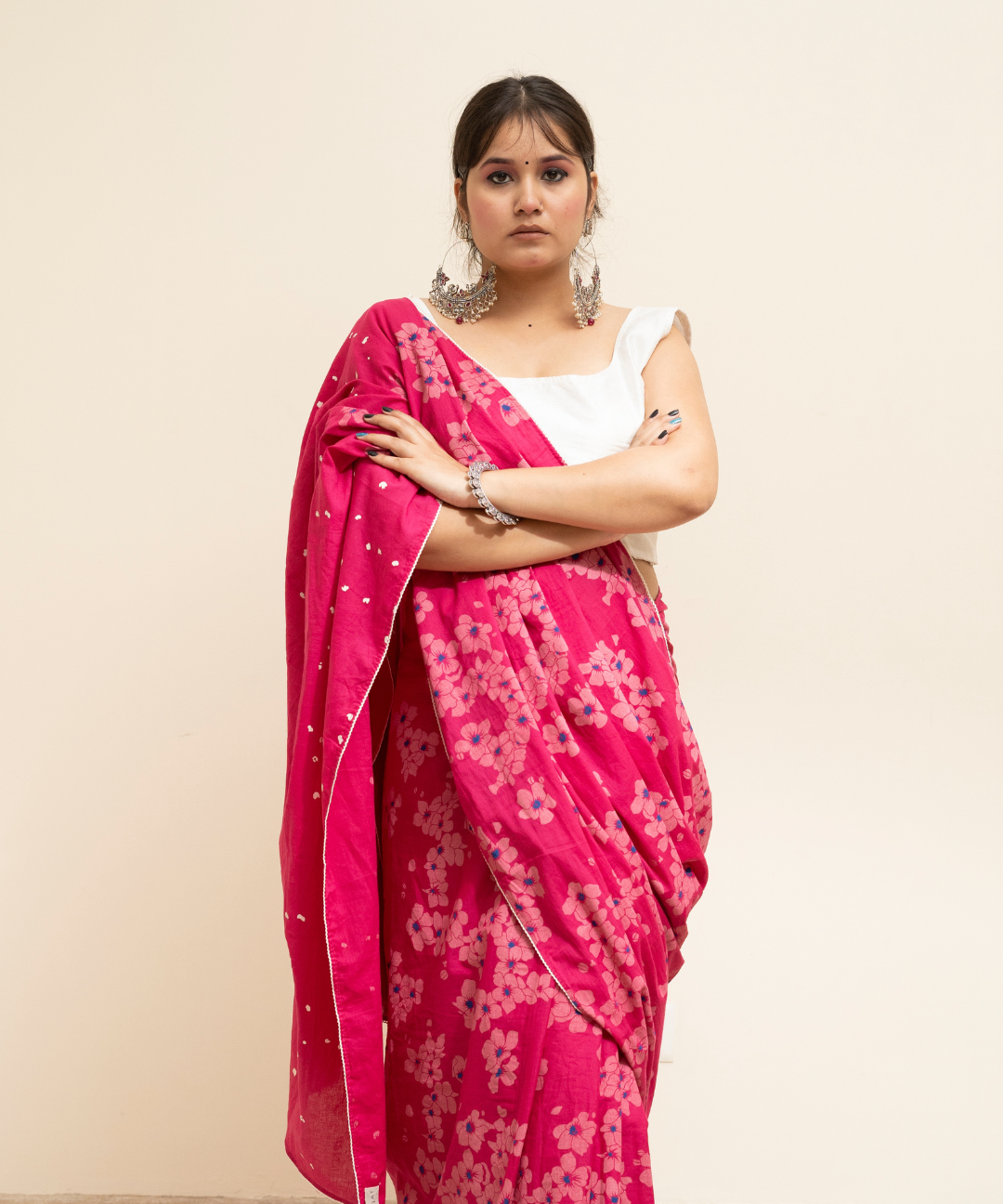 Pink blockprinted cotton mulmul saree