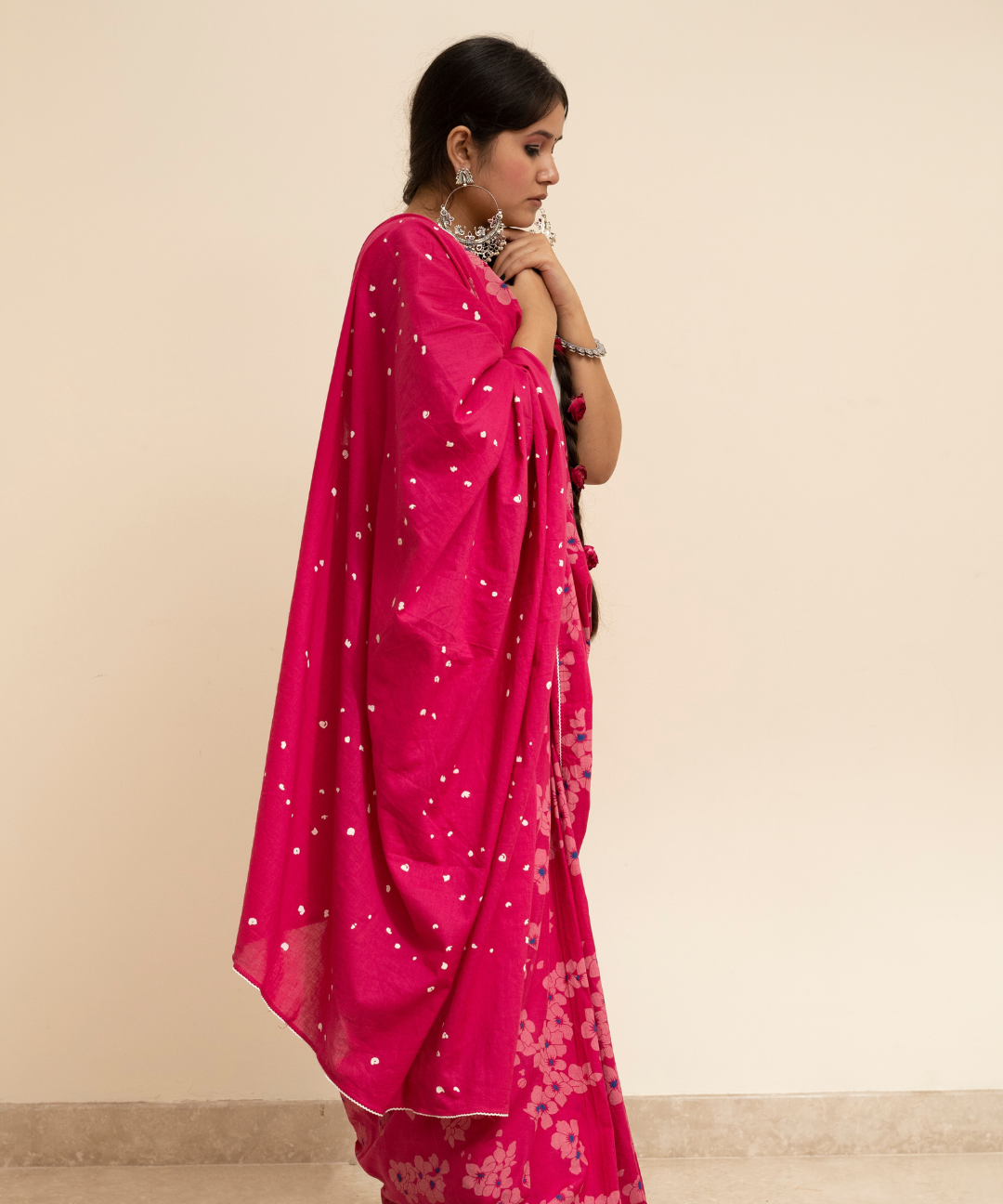 Pink blockprinted cotton mulmul saree