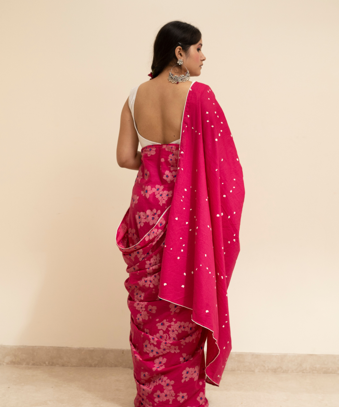 Pink blockprinted cotton mulmul saree
