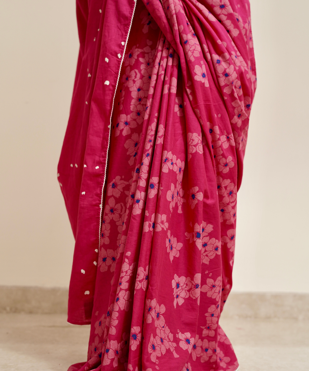 Pink blockprinted cotton mulmul saree