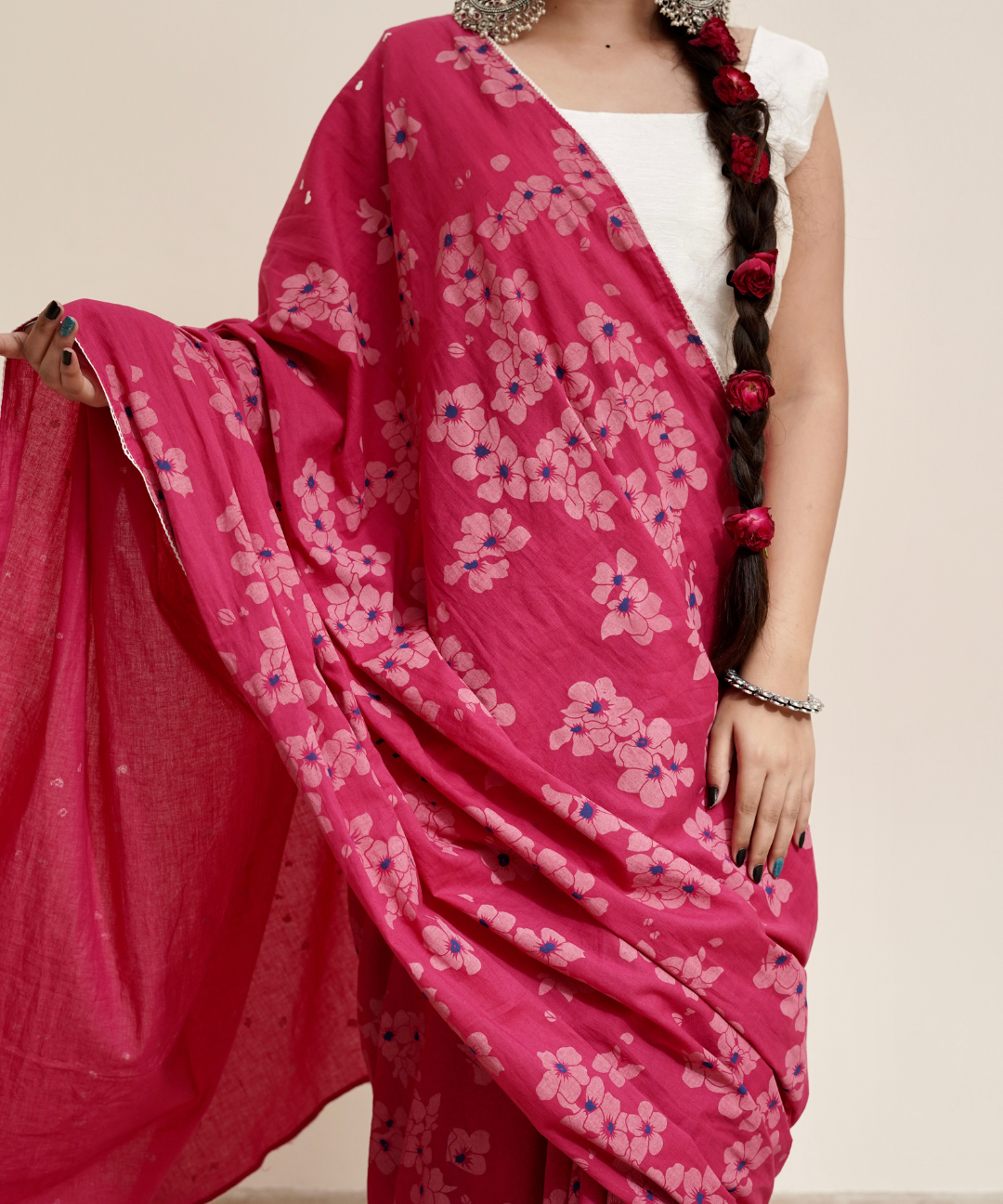 Pink blockprinted cotton mulmul saree