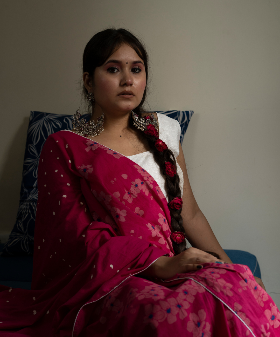 Pink blockprinted cotton mulmul saree