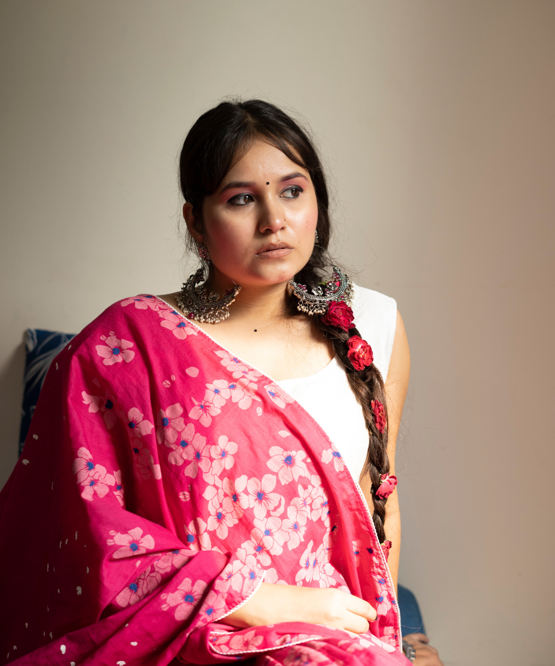 Pink blockprinted cotton mulmul saree