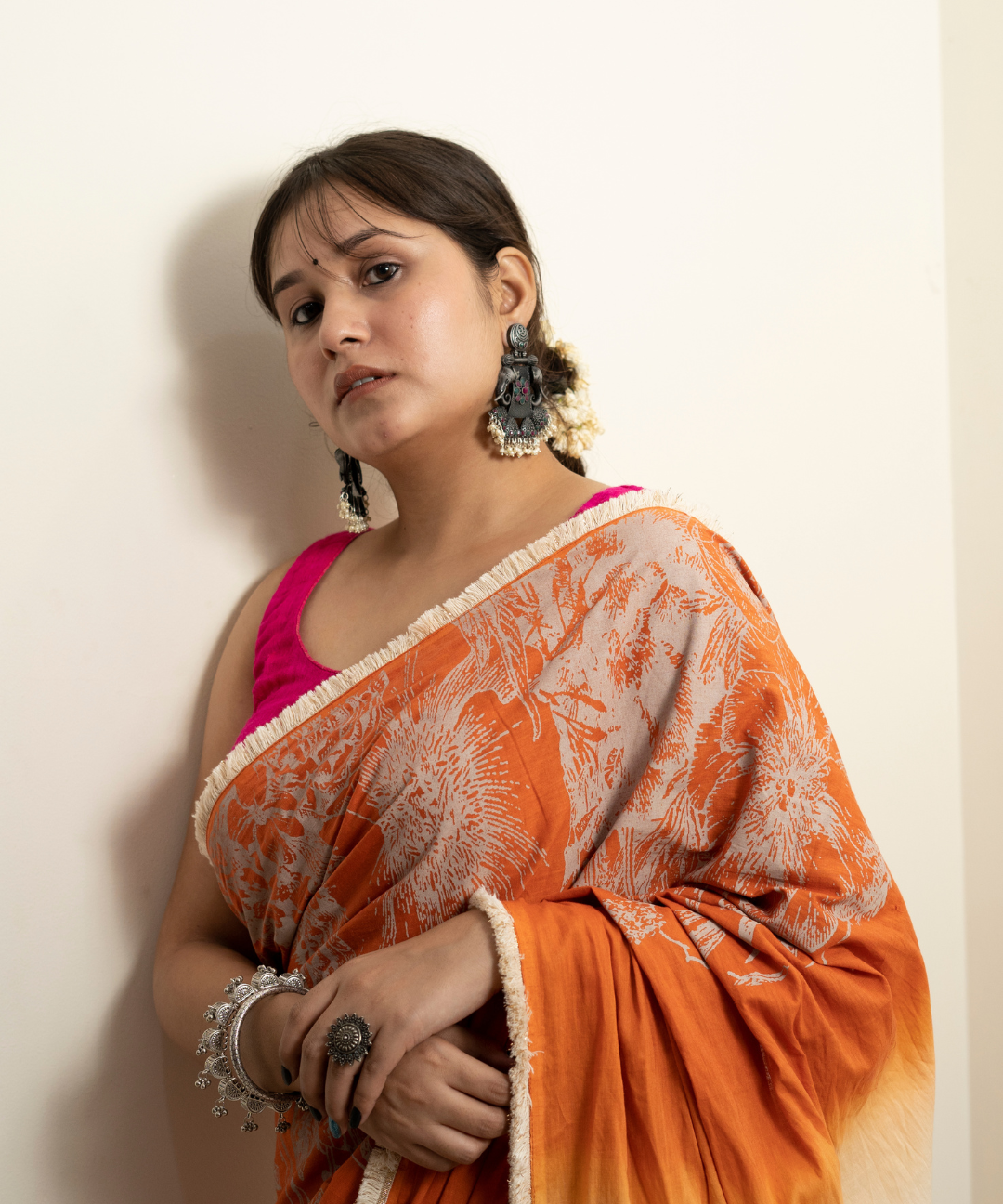 Orange ombre blockprinted cotton mulmul saree
