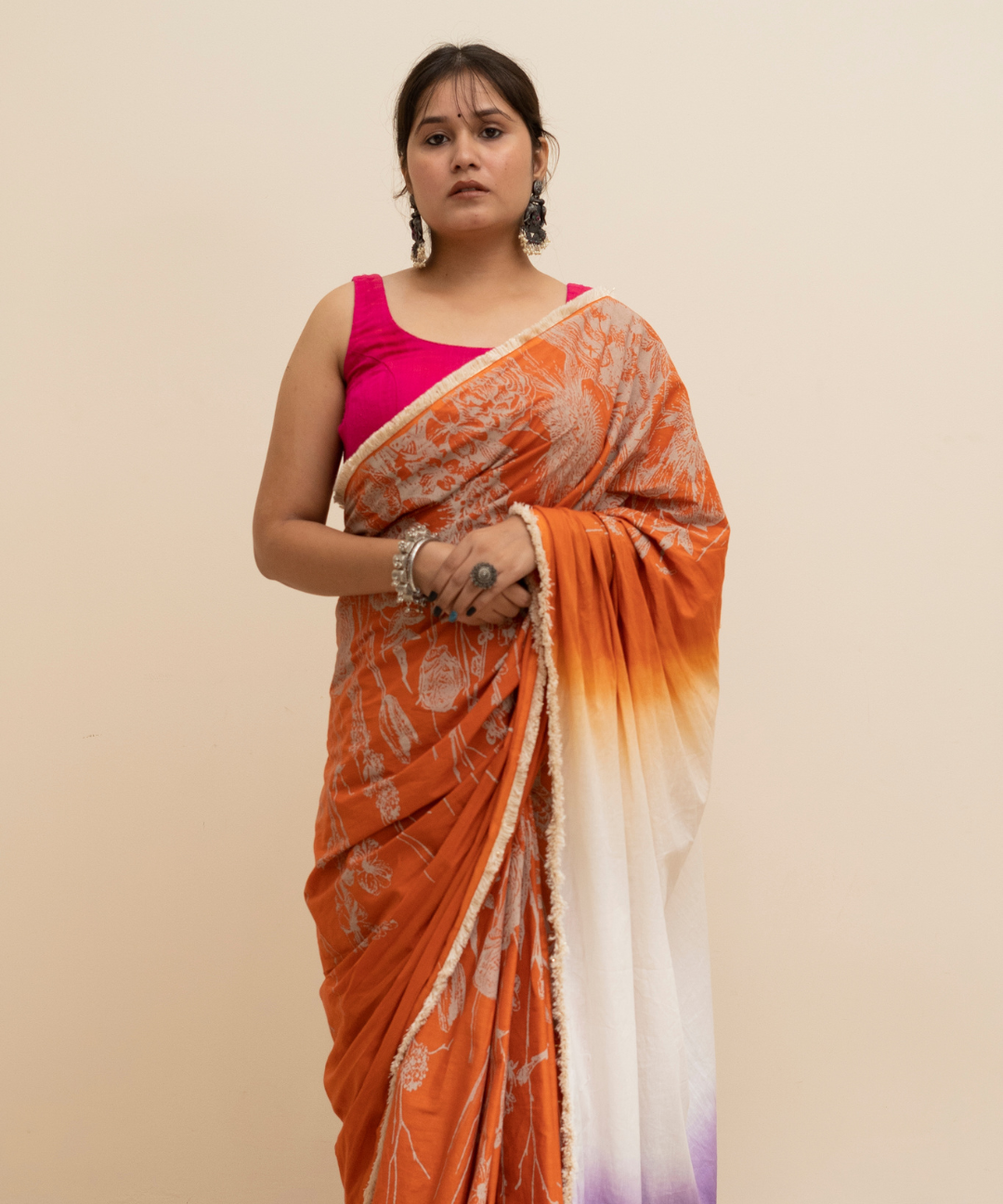 Orange ombre blockprinted cotton mulmul saree