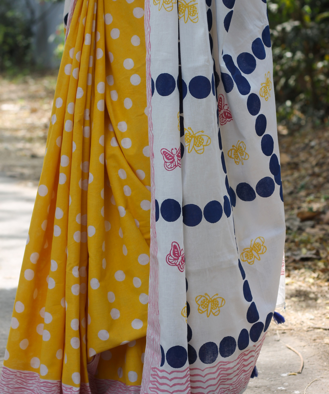 White yellow summer dream block printed mulmul saree