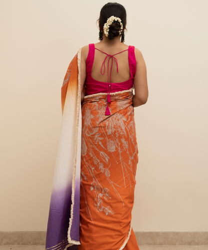 Orange ombre blockprinted cotton mulmul saree