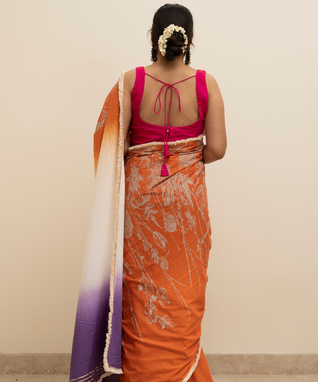 Orange ombre blockprinted cotton mulmul saree