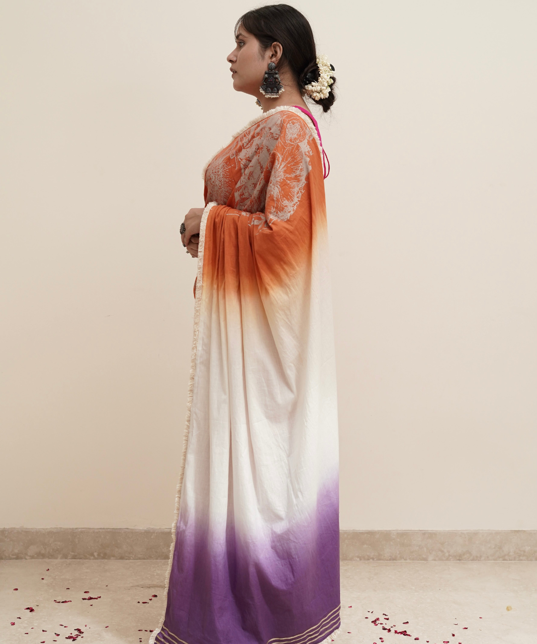 Orange ombre blockprinted cotton mulmul saree