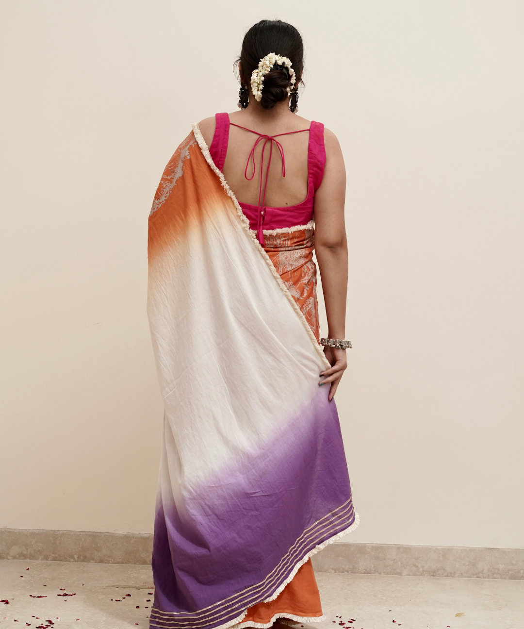 Orange ombre blockprinted cotton mulmul saree