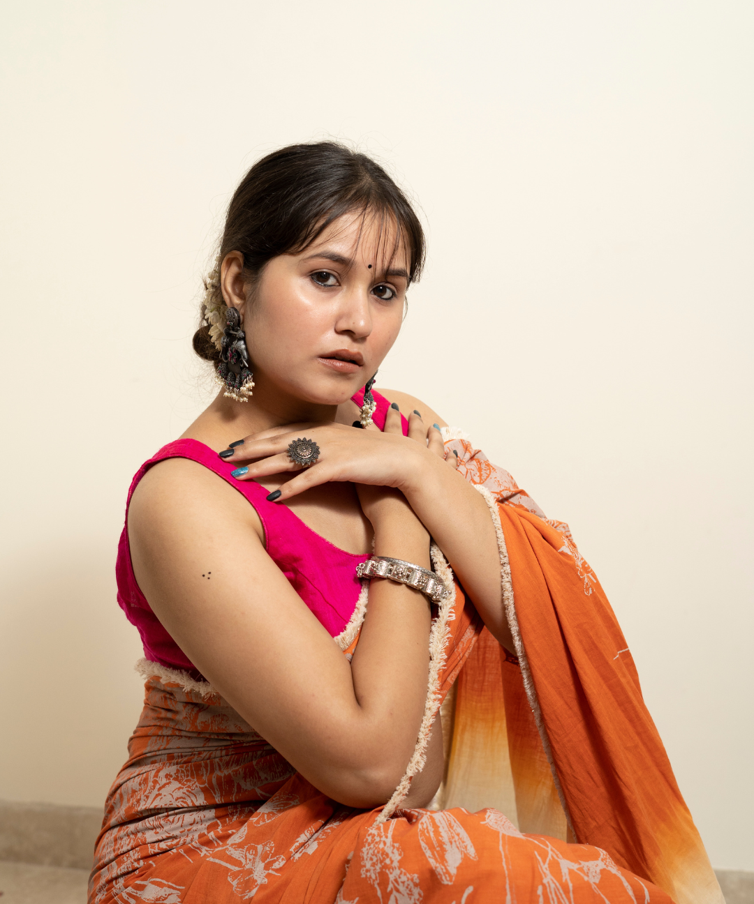 Orange ombre blockprinted cotton mulmul saree