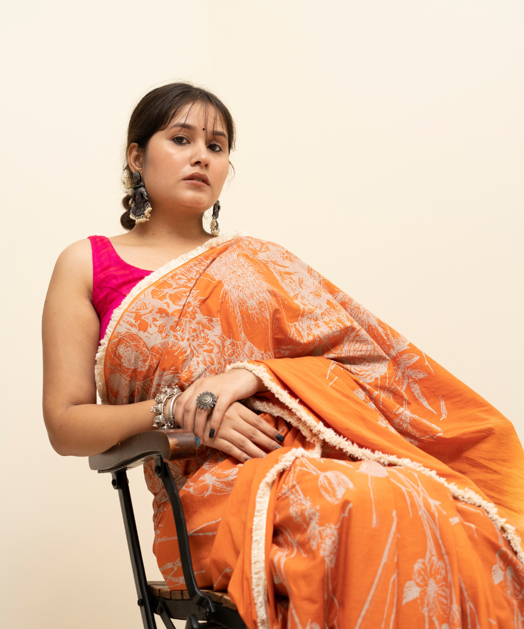 Orange ombre blockprinted cotton mulmul saree