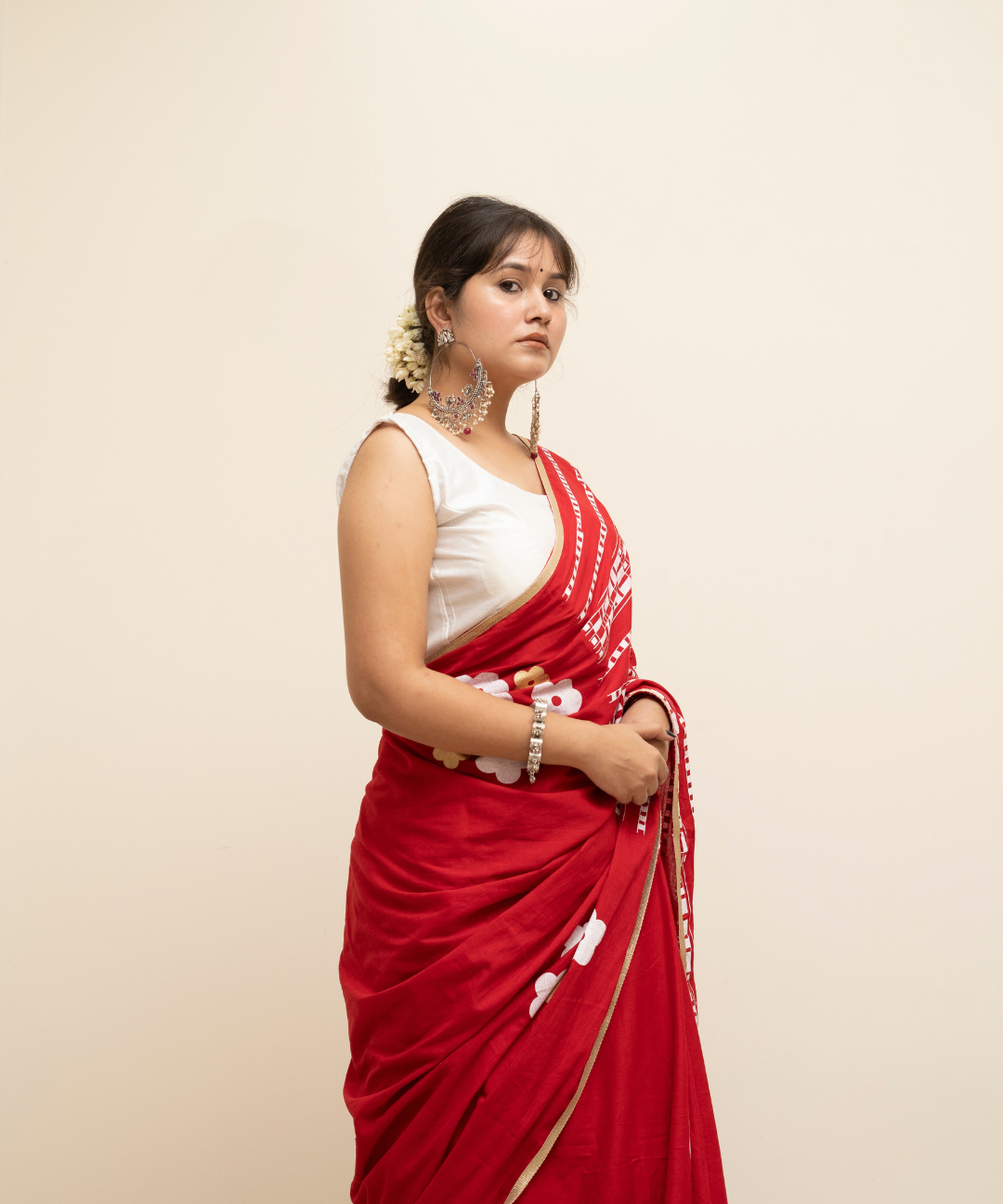 Red blockprinted cotton mulmul saree