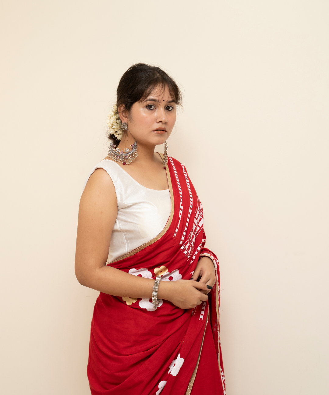 Red blockprinted cotton mulmul saree
