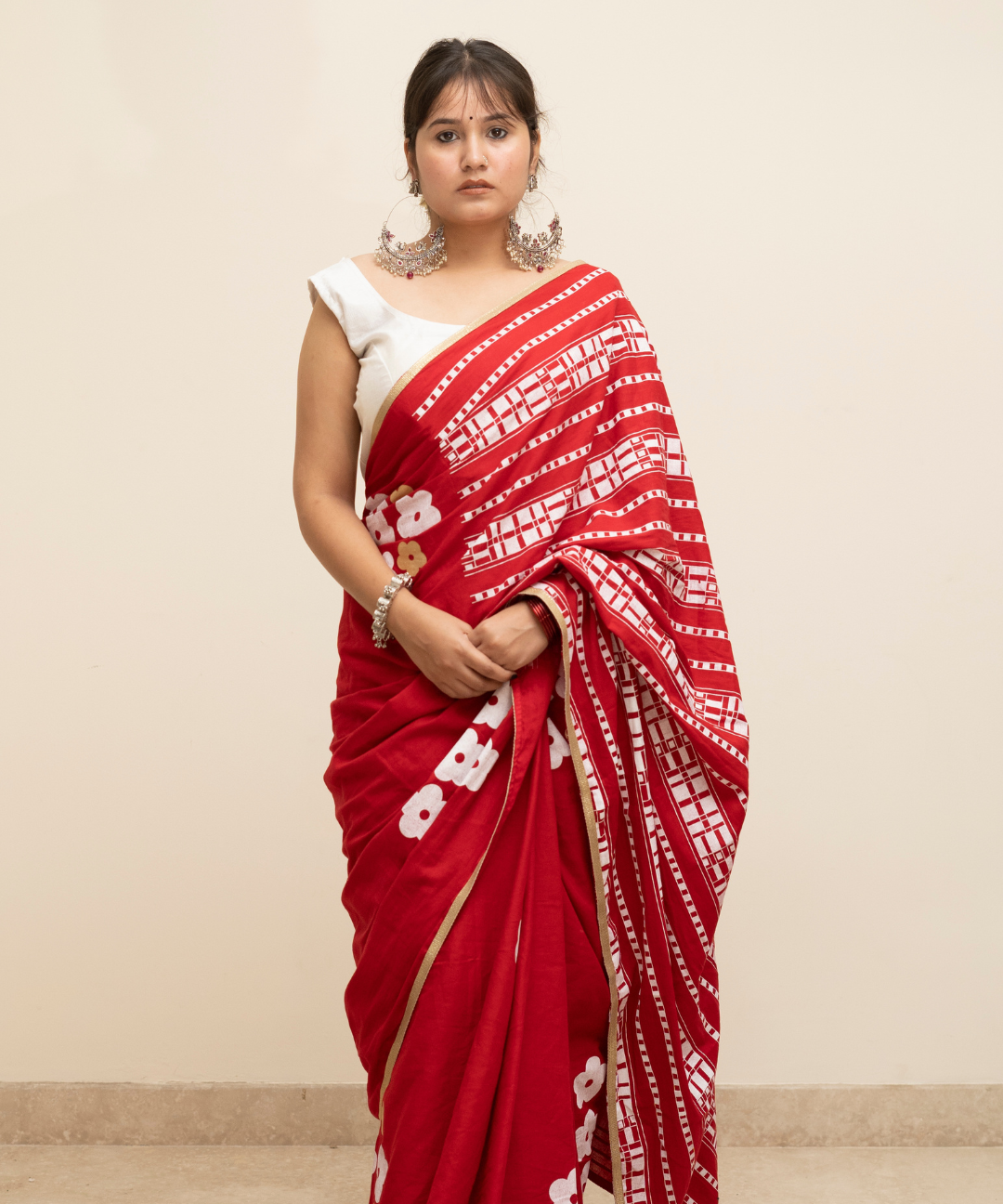 Red blockprinted cotton mulmul saree