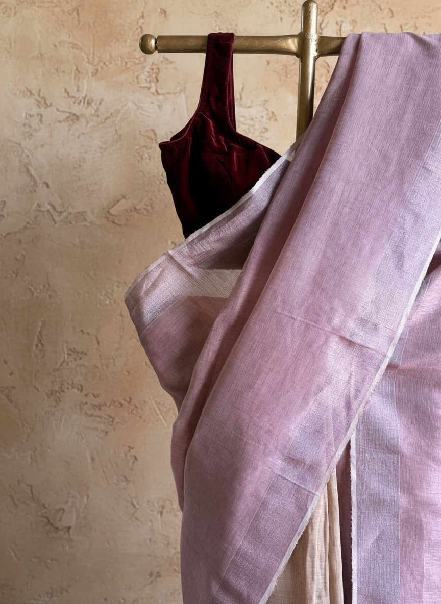 Pink beige handwoven linen saree