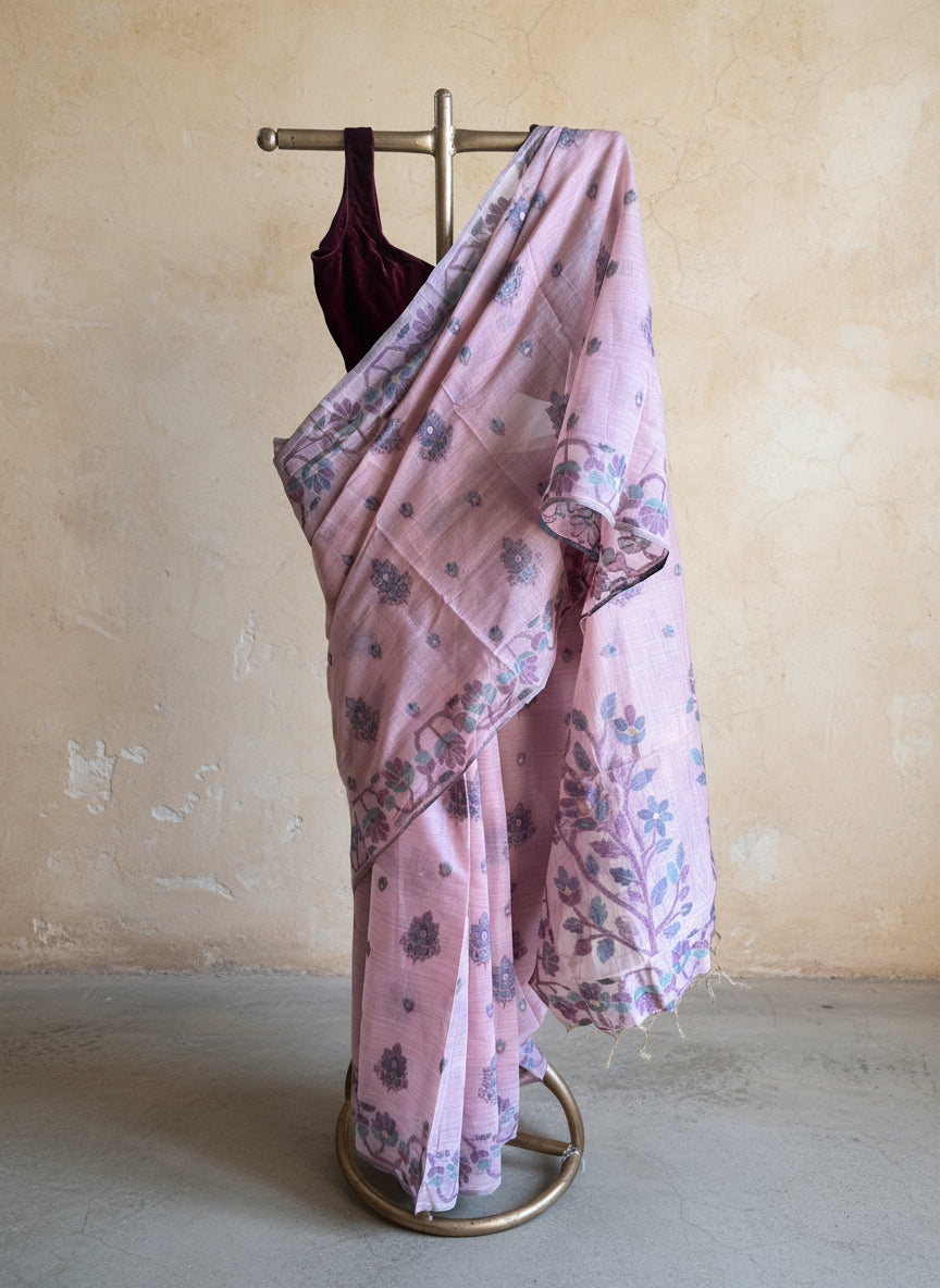 Purple chanderi cotton jamdani saree