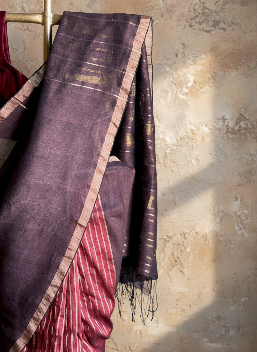 Maroon brown handwoven linen jamdani saree