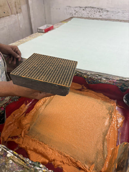 Orange summer candy block printed mulmul saree