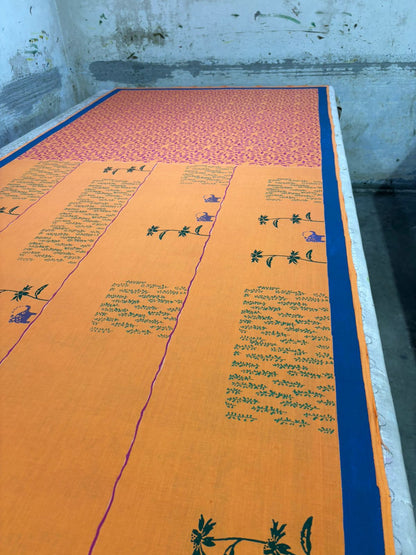Orange summer candy block printed mulmul saree