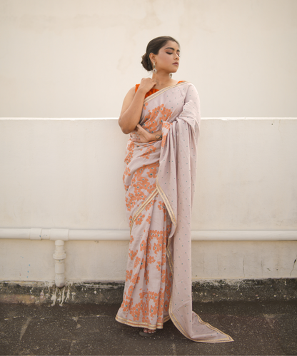 Orange blockprinted chanderi silk saree