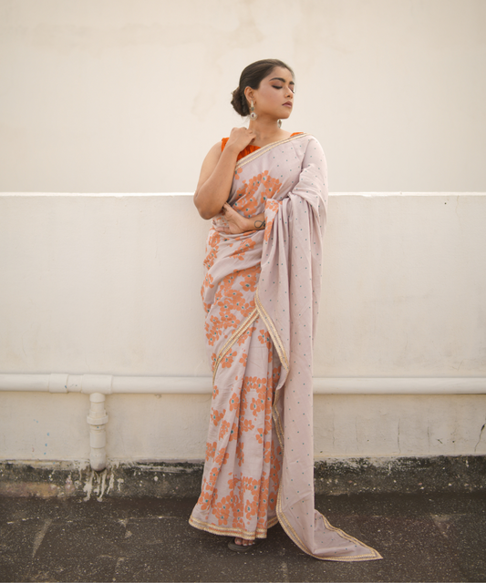 Orange blockprinted chanderi silk saree