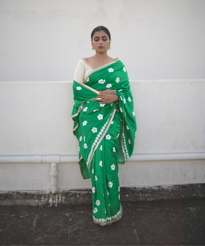 Green blockprinted chanderi silk saree