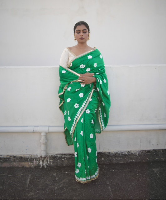 Green blockprinted chanderi silk saree