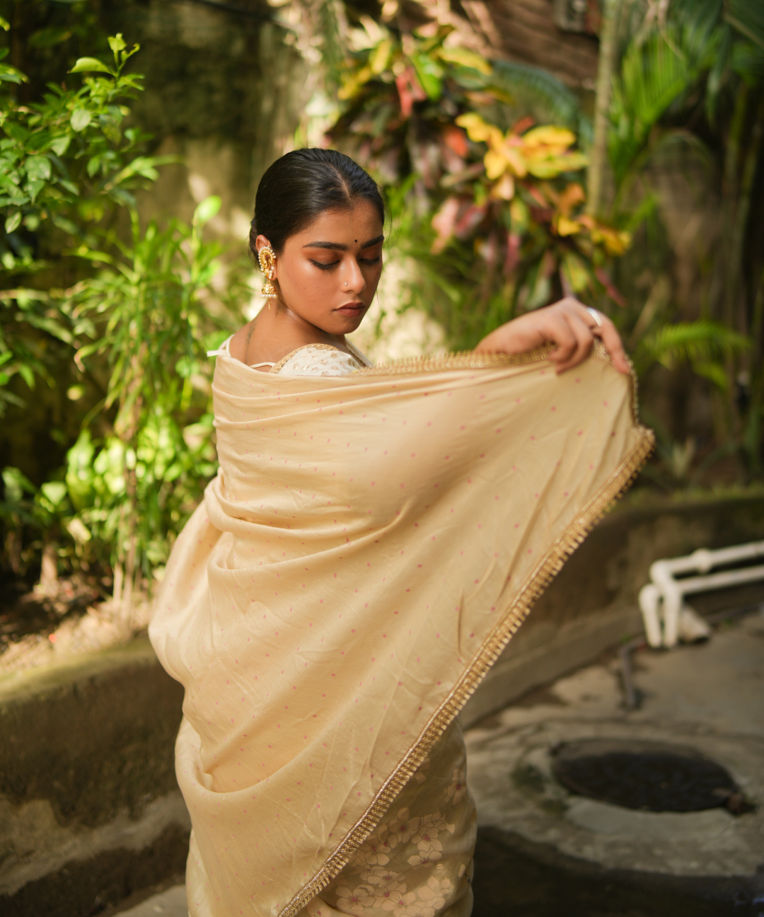 Beige blockprinted chanderi silk saree