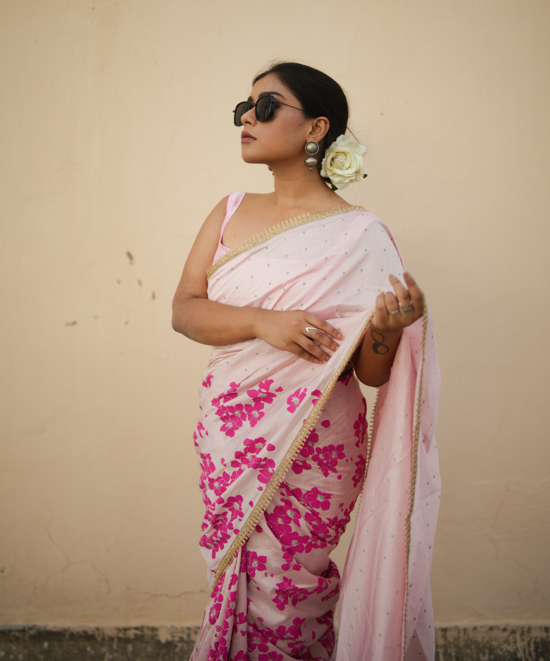 Pink blockprinted chanderi silk saree