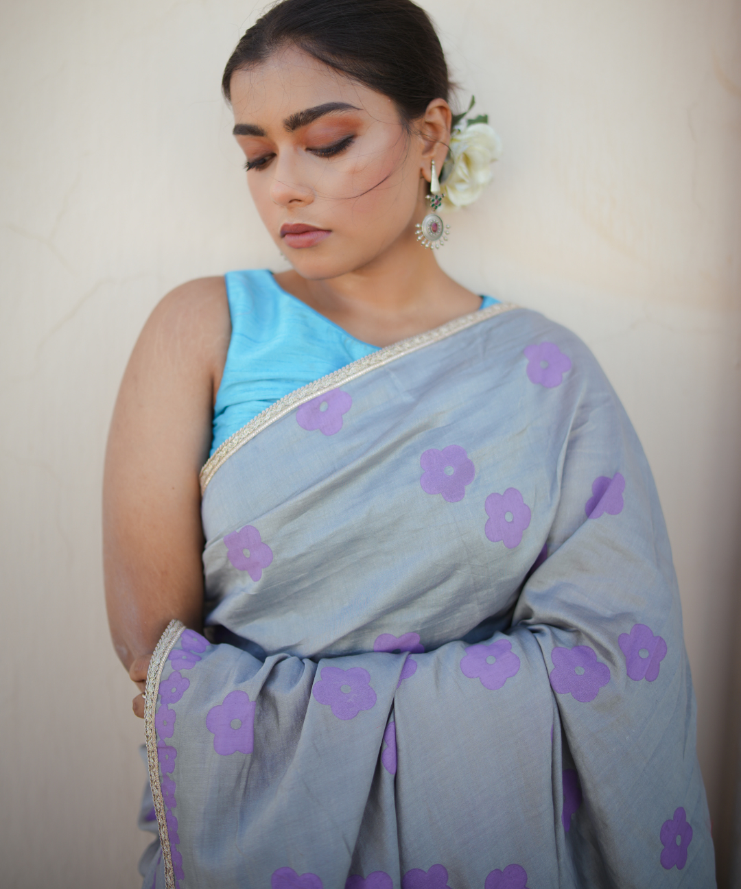 Grey blockprinted chanderi silk saree