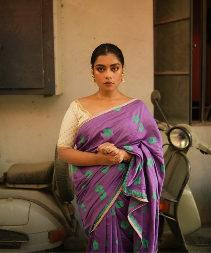 Purple blockprinted chanderi silk saree