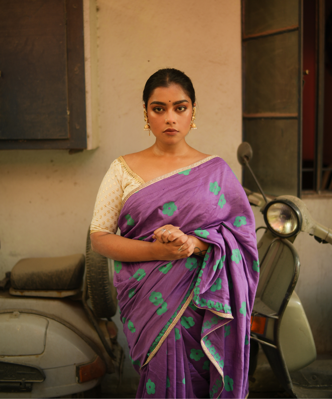 Purple blockprinted chanderi silk saree
