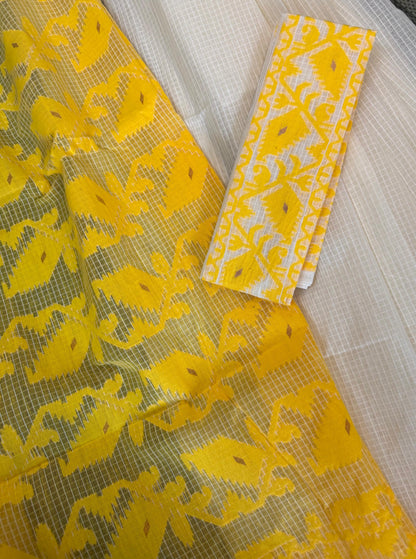 White Yellow Self Checks Bengal Jamdani saree