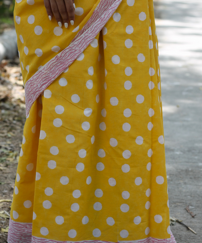 White yellow summer dream block printed mulmul saree