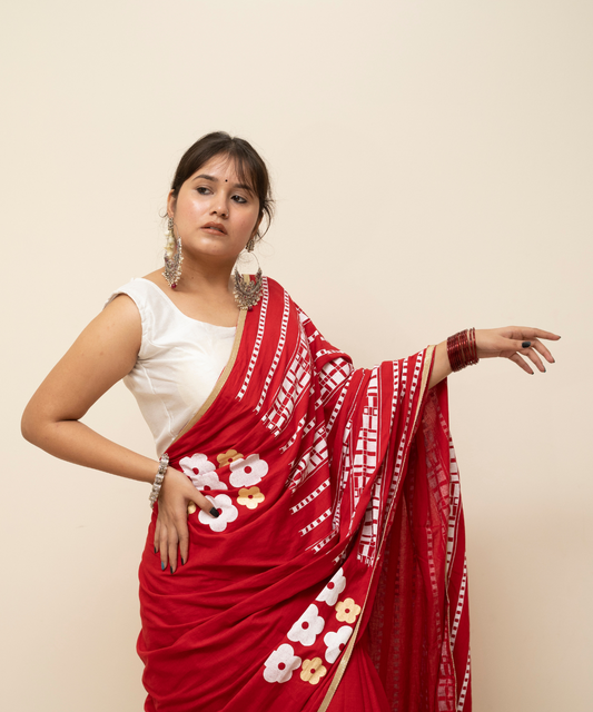 Red blockprinted cotton mulmul saree